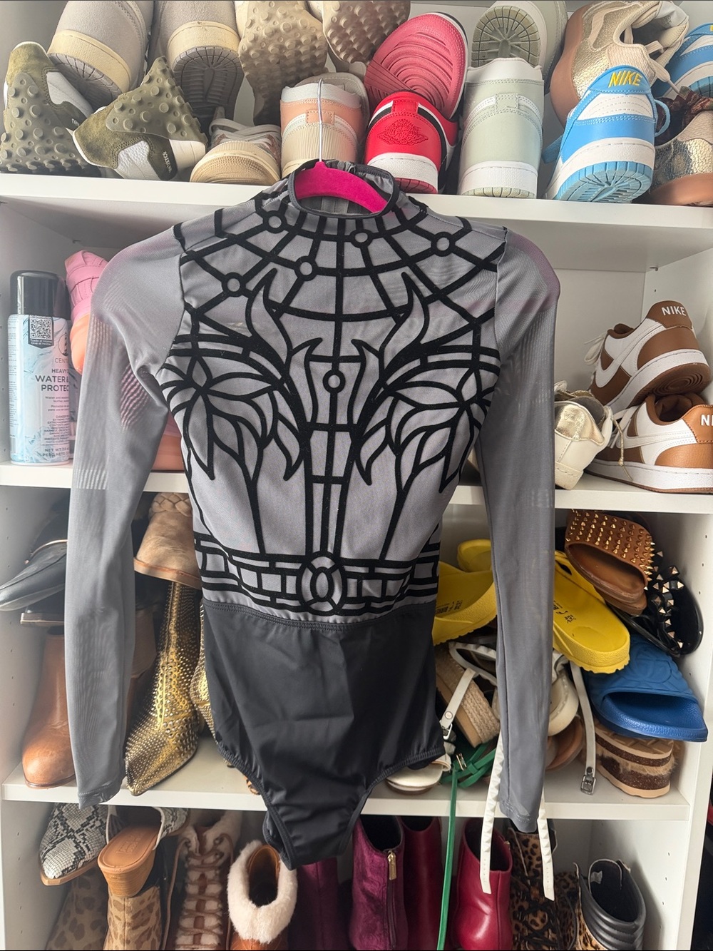 Weissman Gray and Black Long-Sleeve Leotard with Graphic Overlay